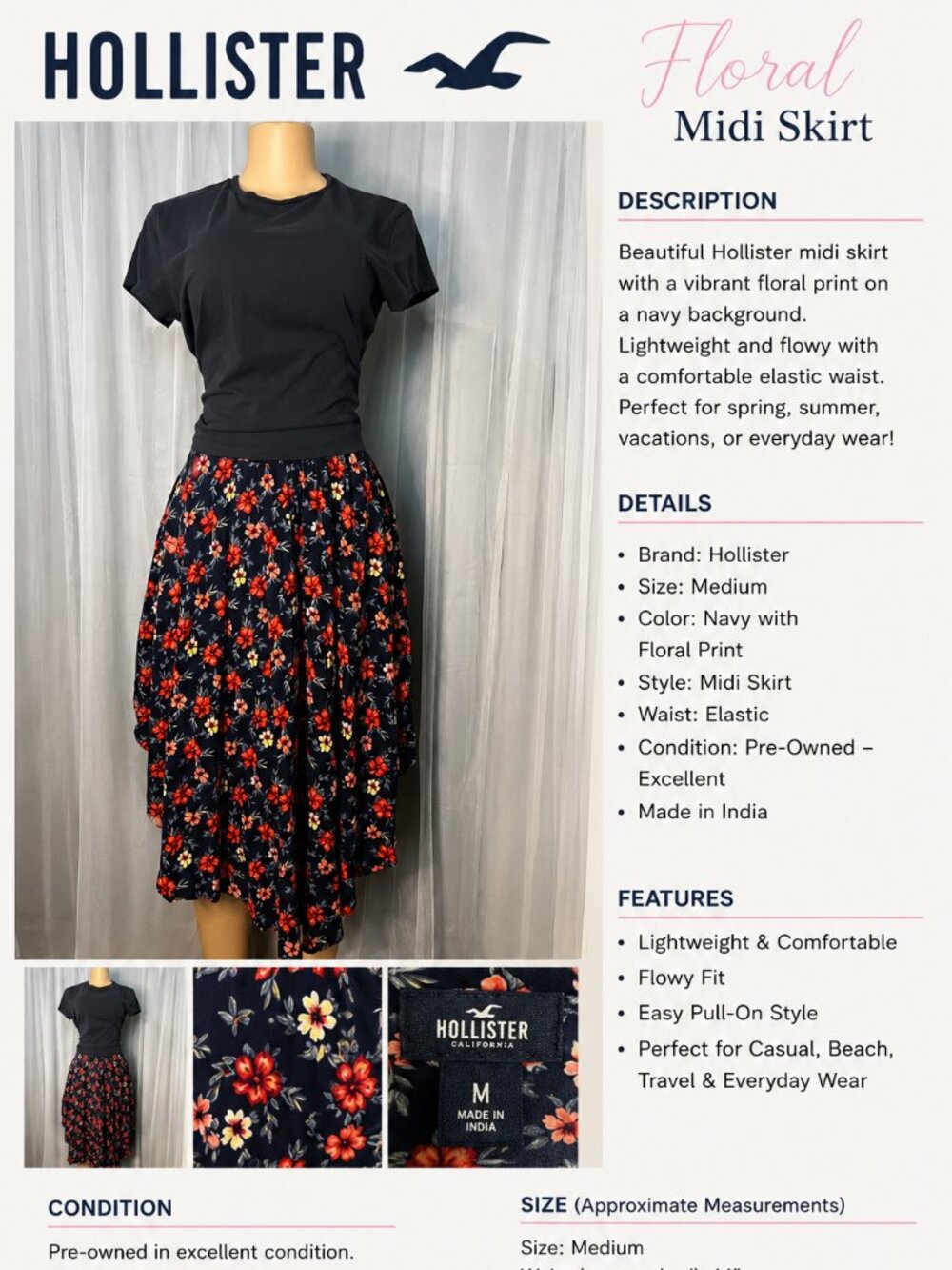 🌸Hollister Floral Midi Skirt🌸 Women's Medium Navy Red Pink Elastic Waist